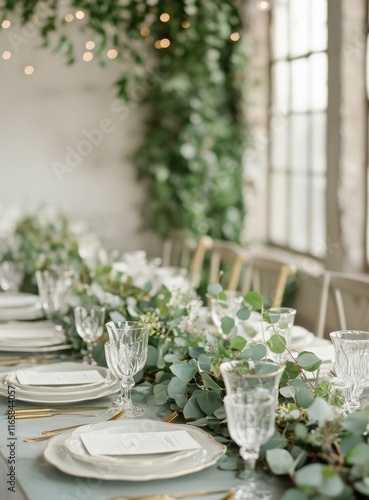 Elegant dining setup with greenery decor at a rustic venue in daytime