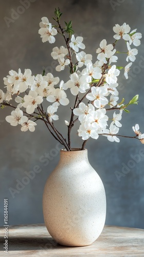 Elegant white flowers in a porcelain vase on a soft background at a serene in...