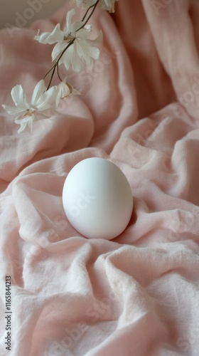 Elegant white egg resting on soft pink fabric with delicate blossoms in seren...