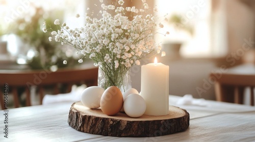 Simple breakfast table setting with eggs and candle surrounded by flowers