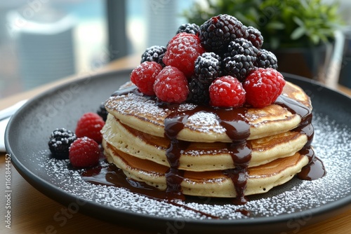 Delicious stack of pancakes topped with fresh berries and chocolate drizzle i...