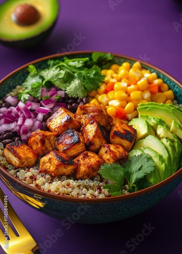 Healthy grain bowl with tofu, avocado, vegetables, and quinoa served in a vib...