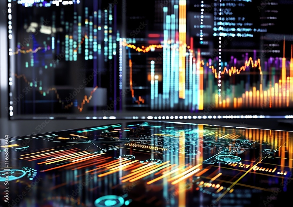 Digital Financial Data Visualization with Holographic Graphs and Corporate Analytics in a Modern Office Digital Financial Data Visualization with Holographic Graphs and Corporate Analytics in a Modern Office