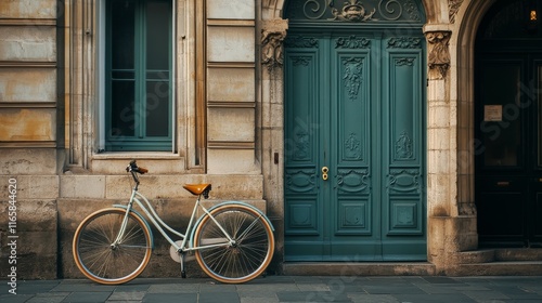 Vintage bicycle parked next to weathered teal doors on a quaint street