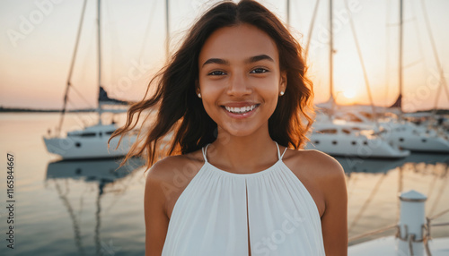 vibrant close up of a young woman standing on her white yacht wearing a white dress with a smile at sunset photo