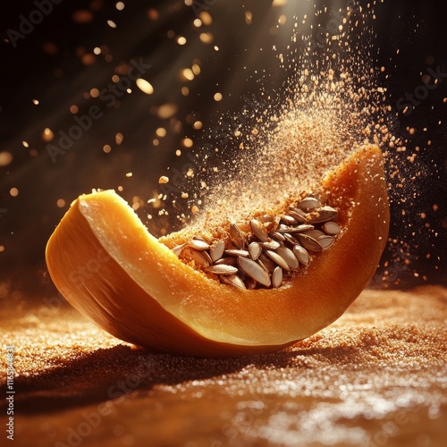 Sliced orange pumpkin surrounded by spices and seeds in a dramatic display of...