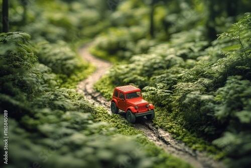 Red toy truck navigating a winding trail through a lush green forest