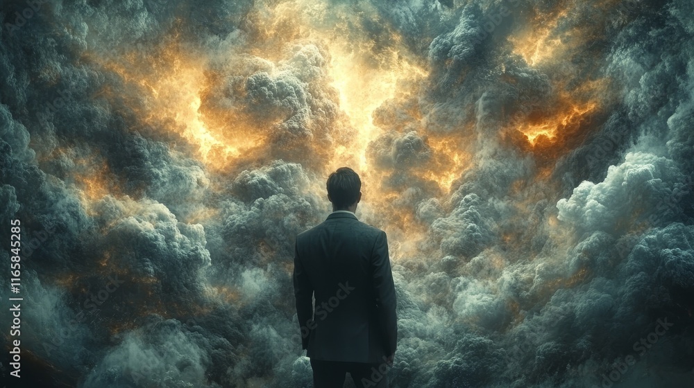 A man stands in front of a cloud of fire A man stands in front of a cloud of fire