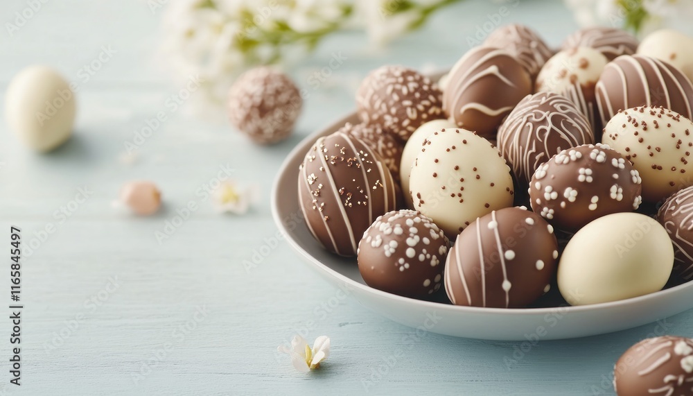Capture the essence of spring with this beautiful image featuring a table centerpiece of intricately decorated chocolate eggs, symbolizing a festive Easter design These delectable treats, arranged on Capture the essence of spring with this beautiful image featuring a table centerpiece of intricately decorated chocolate eggs, symbolizing a festive Easter design These delectable treats, arranged on