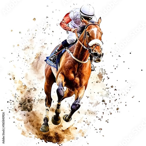 Jockey and Thoroughbred Horse in Full Gallop, Dynamic Watercolor-Style Illustration.