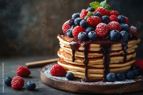 Delicious stack of pancakes topped with fresh berries and chocolate drizzle i...