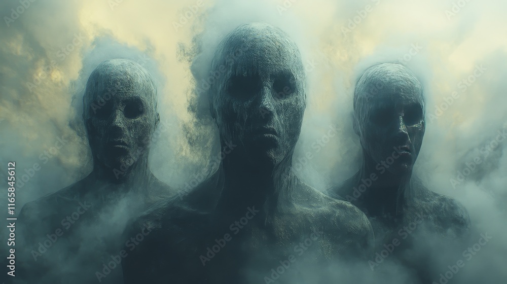 Fototapeta premium Three faces are shown in a foggy atmosphere