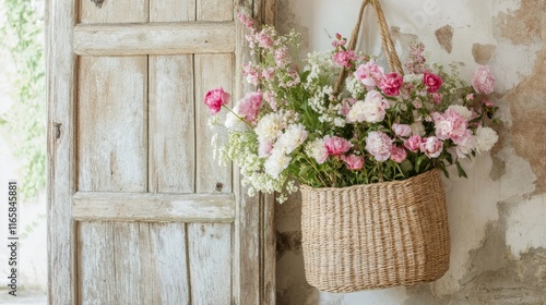 Fresh pink and white peonies arranged in a woven basket hanging by a vintage ...