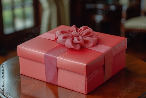 Beautifully wrapped red gift box with decorative ribbon on wooden surface