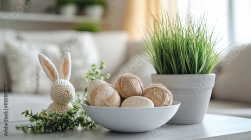 Decorated easter table setting with bunny and eggs in a cozy living room