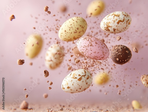 Capture the joy of the season with an artistic shot of sweet chocolate eggs, elegantly wrapped in festive packaging for holiday gifts, a delightful image showcasing pastel-colored, speckled candy photo