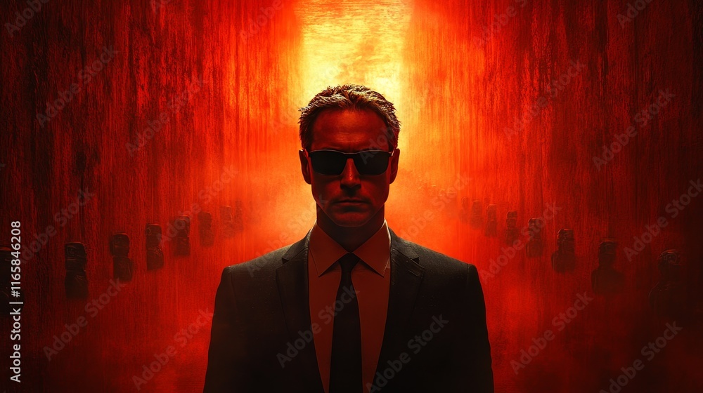 Fototapeta premium A man in a suit and sunglasses stands in front of a red wall