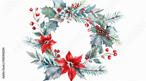 Festive Winter Christmas Wreath with Leaves, Berries, and Poinsettia Decoration