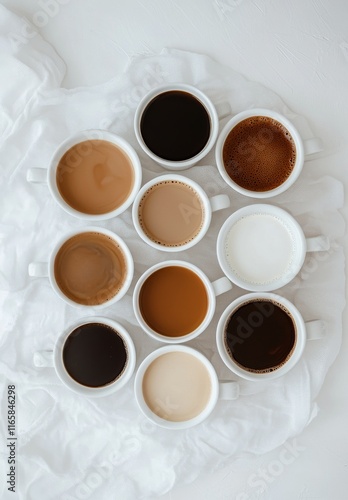 Various coffee drinks displayed in ceramic cups on a white surface