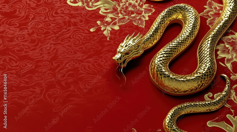 Fototapeta premium Elegant golden snake on a vibrant red background, symbolizing prosperity and good fortune for Chinese New Year celebrations.