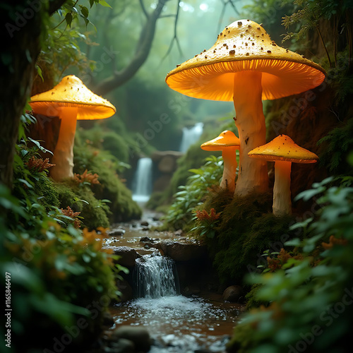 Enchanting Forest Scene Featuring Bioluminescent Mushrooms Gracefully Illuminating a Gentle Stream photo