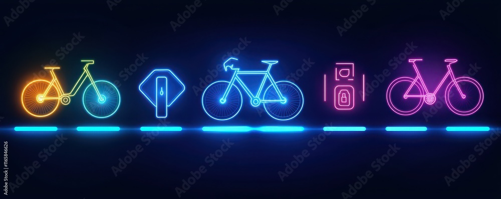 Fototapeta premium A vibrant neon illustration featuring various bicycle-related icons, including bikes, a parking sign, and a bike repair station.
