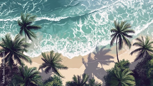 Tropical beach with waves crashing on sand and palm trees under a clear sky