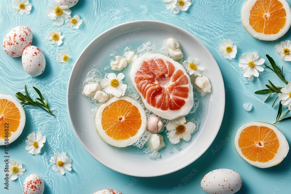 Celebrate a delightful Springtime Easter feast with this image showcasing seasonal dishes like citrus fruit, decorative speckled eggs, and delicate daisy florals The table is set for joyful family