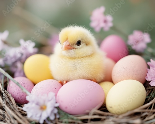 Celebrate the Spring season with this adorable image featuring A small Easter chick perched in a vibrant nest filled with colorful flowers and festive eggs Perfect for Easter cards, social media, or