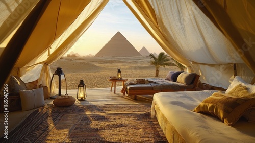 Luxurious tent accommodation with views of pyramids at sunset in Egypt