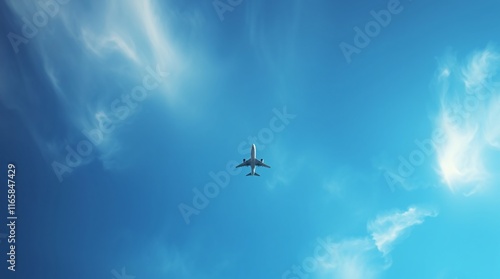 Passenger jet airplane flying above clouds. Airplane in the blue sky with clouds from below, high flying passenger plane