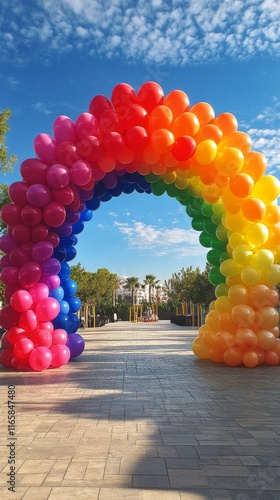 Colorful balloon arch in a park under a bright blue sky with fluffy clouds