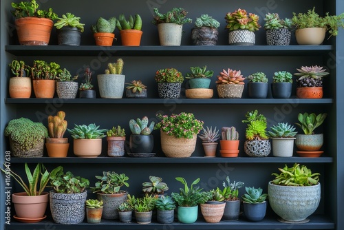 Succulent plant display on wooden shelves in a modern indoor garden setting