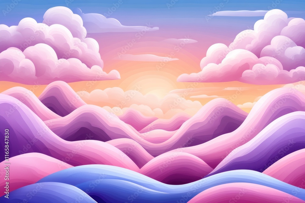 Fototapeta premium Discover a serene landscape featuring pastel pink and blue hills under a soft, dreamy sky This captivating vector art piece emphasizes smooth, flowing curves and gradients While the focus isn't on