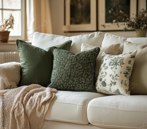 Cozy living room with green decorative pillows and a knitted throw blanket in...