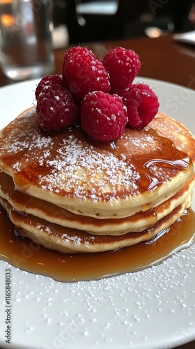 Fluffy pancakes topped with fresh raspberries and syrup served on a white plate
