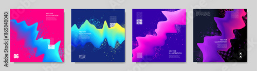 Vector illustration. Modern art graphic. Dynamic bright flow elements with paint splash and halftone dots. 3d flowing gradient colorful wave. Design social media template, web banner, blog post