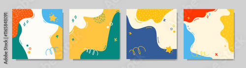 Vector illustration. Colorful childish background. Hand drawn memphis pattern doodle shapes and lines. Design elements for web banner, social media template. Trendy abstract color background