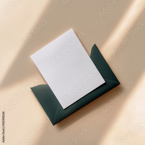 Elegant stationery set with white note card and dark green envelope on beige ...