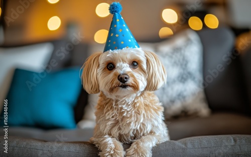 Cute dog wearing a party hat celebrates a special occasion indoors with festi...