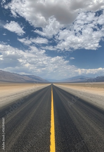 Long stretch of deserted road under a dramatic sky with scattered clouds in t...