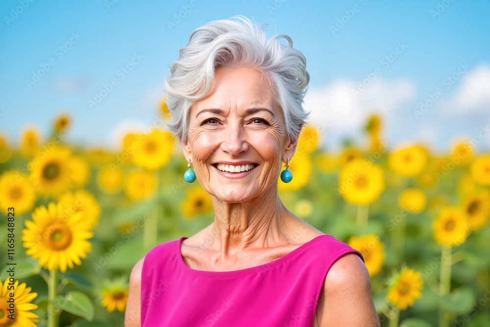 Elegant elderly woman smiling in sunflower field under blue sky, joy. Bright and modern style portrait Elegant elderly woman smiling in sunflower field under blue sky, joy. Bright and modern style portrait