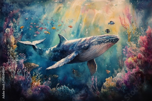 Majestic whale swimming through vibrant coral reef in an underwater paradise