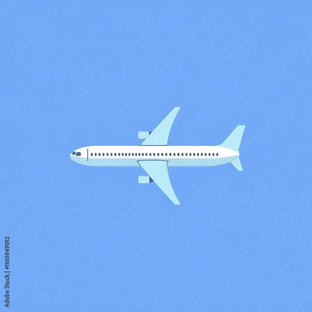 Fototapeta premium Airplane in Flight: A minimalist illustration of a passenger airplane soaring through a clear blue sky. Perfect for travel, aviation, and transportation concepts. 