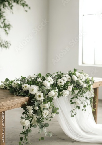 Elegant floral arrangement with greenery and draped fabric on rustic wooden t...