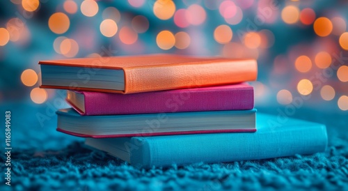 Colorful stack of books with soft bokeh lights in the background during evening