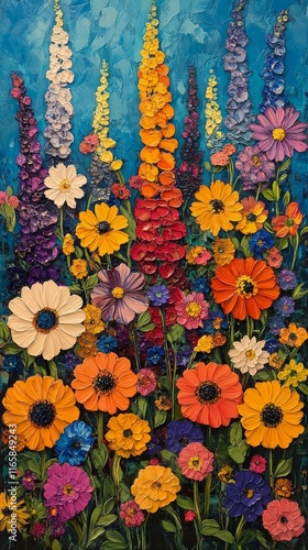 Vibrant flower garden filled with colorful blossoms during sunny spring day