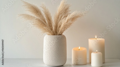 Elegant arrangement of pampas grass and candles on a minimalist table