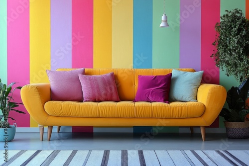 Bright yellow couch with colorful striped wall in modern living room decor