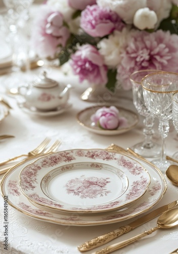 Elegant table setting with delicate flowers for a spring gathering in a warm ...